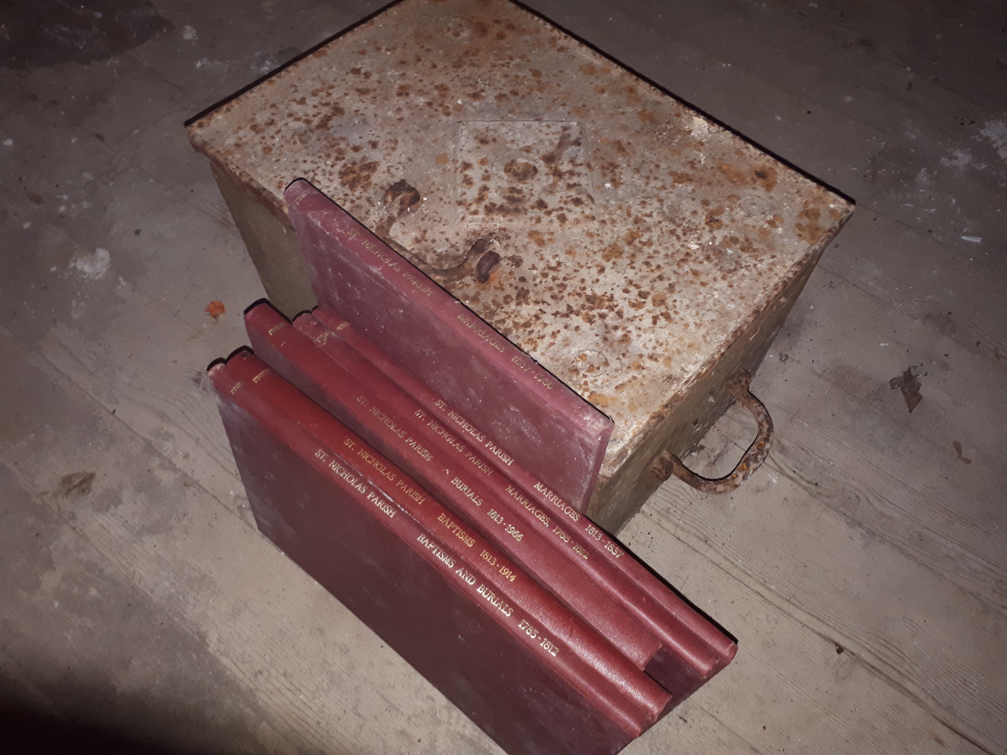 The historic church registers preserved in a strong box