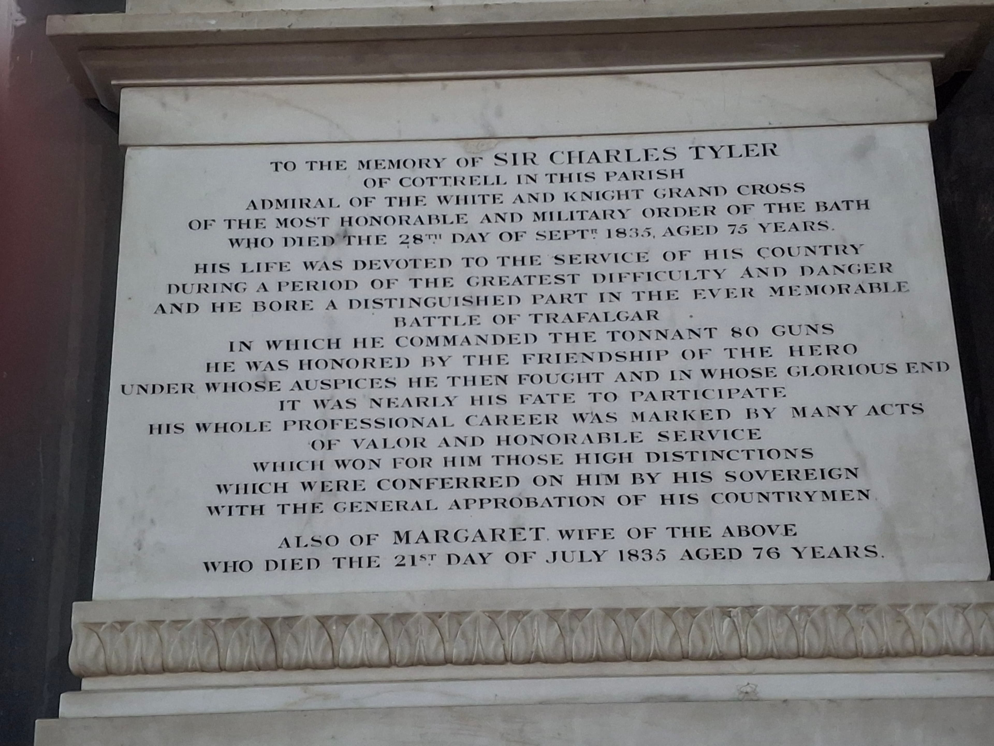 Memorial to Sir Charles Tyler, Admiral at Trafalgar