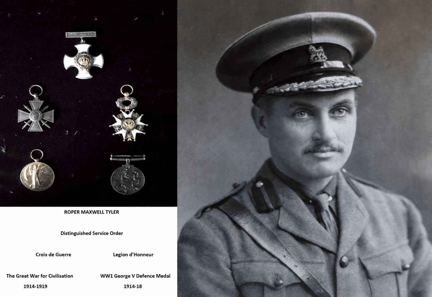 Roper Maxwell Tyler's medals: DSO, Croix de Guerre, Legion d'Honneur, Great War medal, WW1 George V Defence Medal